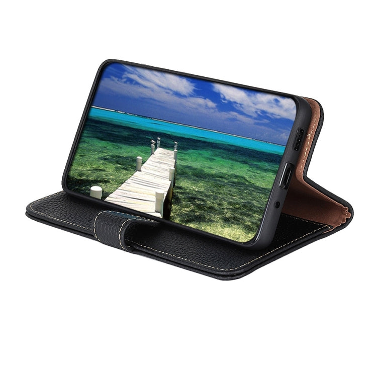 Black genuine leather phone case with stand design for landscape viewing