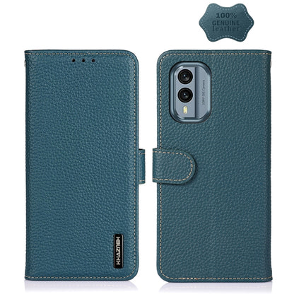 Teal genuine leather litchi phone case with folio flap and camera cutout