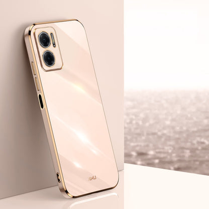Pink electroplate TPU phone case with dual camera cutouts and slim side openings