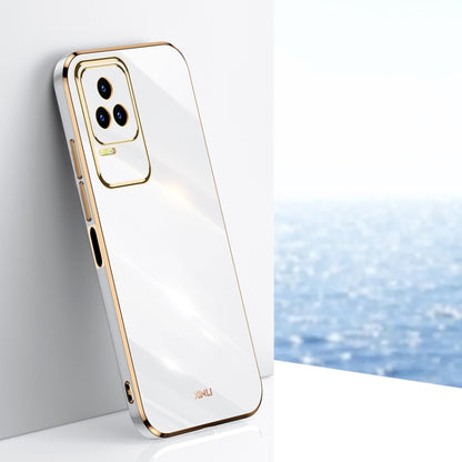 White TPU phone case with gold electroplated bumper, raised camera cutout.
