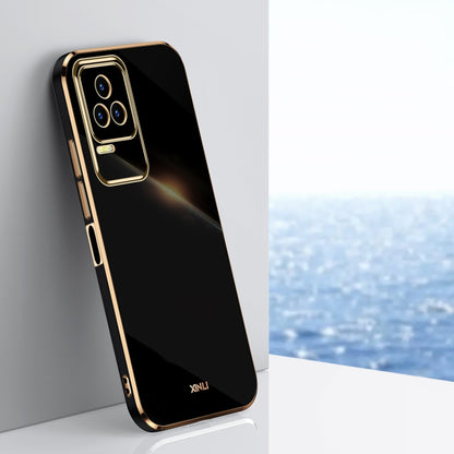 Black electroplate TPU phone case with gold trim, raised camera bezel, and cutouts