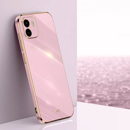 Pink TPU phone case with gold straight-edge frame and dual camera cutouts