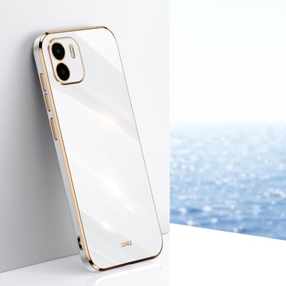 White TPU phone case with gold straight-edge frame and dual camera cutouts