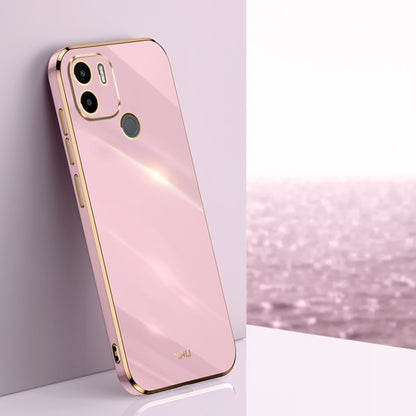 Rose pink TPU phone case with gold straight-edge frame and dual camera cutouts