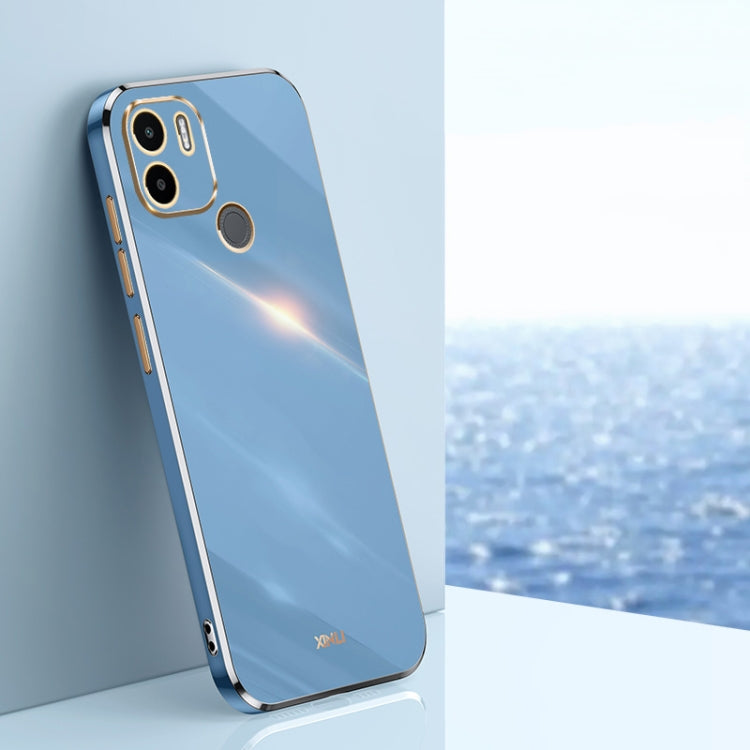 Sky blue TPU phone case with gold straight-edge frame and dual camera cutouts
