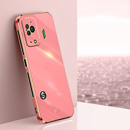 Pink straight-edge TPU phone case with metallic electroplated edge and camera cutouts