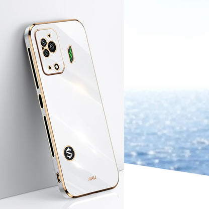 White straight-edge TPU phone case with metallic electroplated border and camera cutouts
