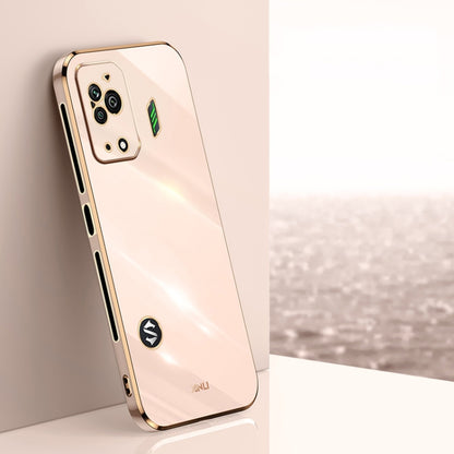 Light pink straight-edge TPU phone case with metallic electroplated edge and camera cutouts