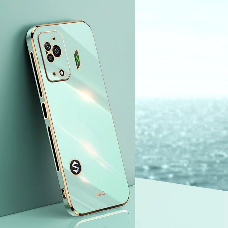 Mint green straight-edge TPU phone case with metallic electroplated edge and camera cutouts