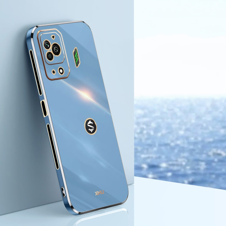Blue straight-edge TPU phone case with metallic electroplated edge and camera cutouts