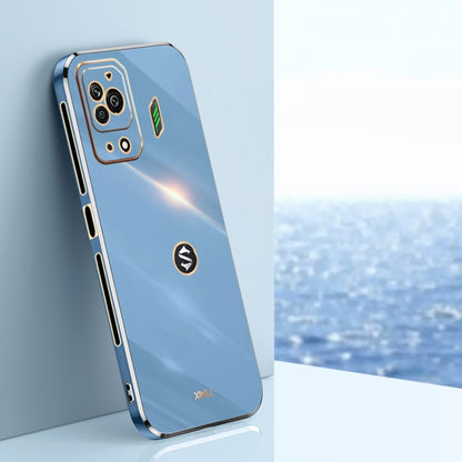 Blue straight-edge TPU phone case with metallic electroplated edge and camera cutouts
