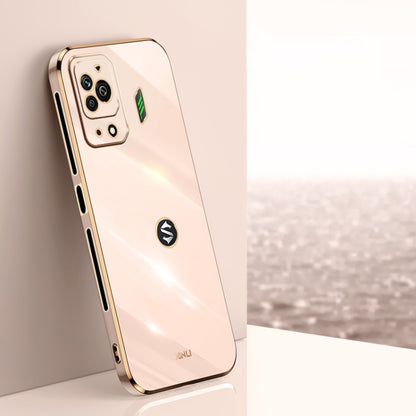 Light pink straight-edge TPU phone case with metallic electroplated edge and camera cutouts