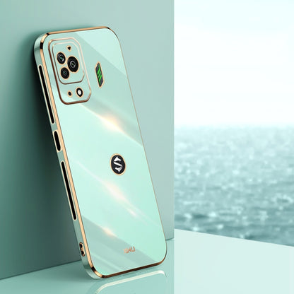 Mint blue TPU phone case with gold-tone electroplated edges and dual camera cutouts