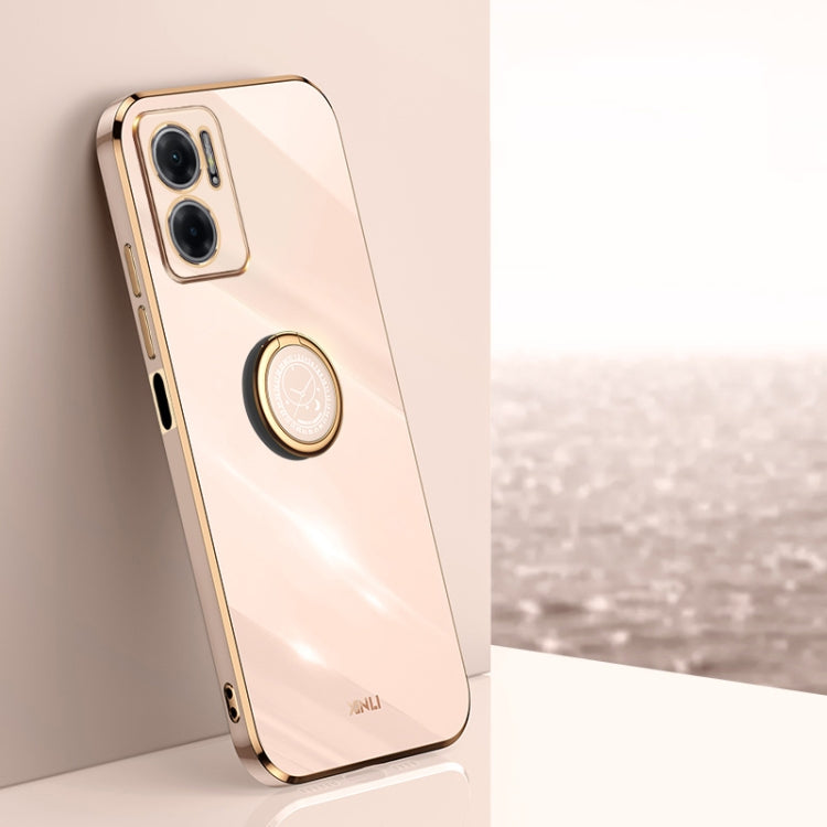 Light pink TPU phone case with electroplate ring holder, straight-edge design