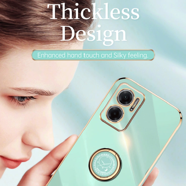 Mint green TPU phone case with gold electroplate ring holder and dual camera cutouts