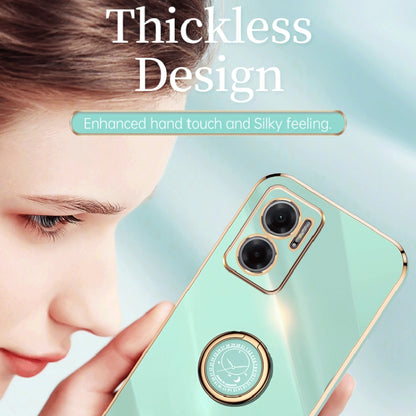 Mint green TPU phone case with gold electroplate ring holder and dual camera cutouts