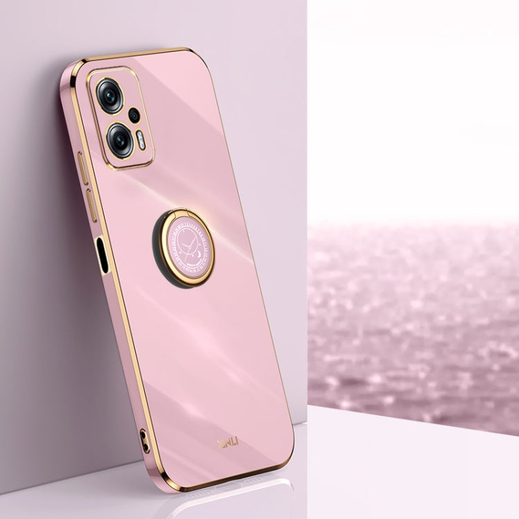 Electroplate TPU phone case with ring holder, light pink with gold-tone edges