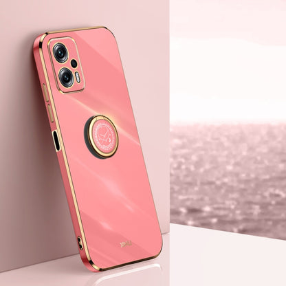 Electroplate TPU phone case with ring holder, coral pink with gold-tone edges