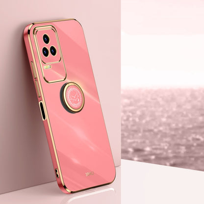 Coral pink TPU phone case with gold trim, electroplate shine, and back ring holder