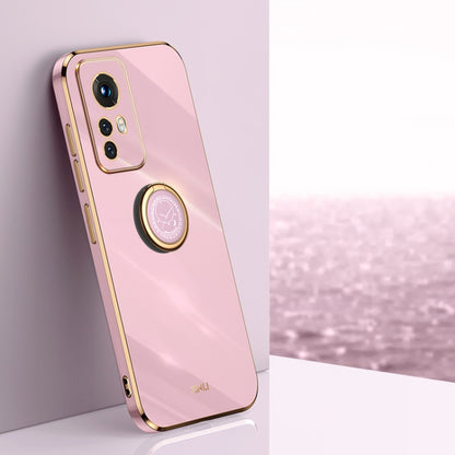 Light pink TPU phone case with gold trim, electroplate shine, and back ring holder