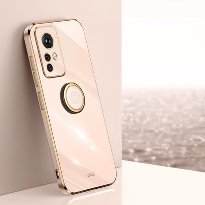 Light pink TPU phone case with electroplate trim and ring holder, for compatible Xiaomi models