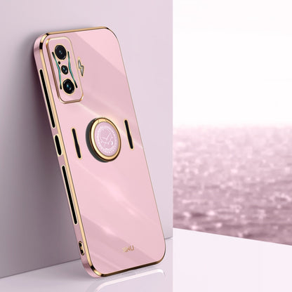 Pink TPU phone case with ring holder, electroplated gold-tone straight edges