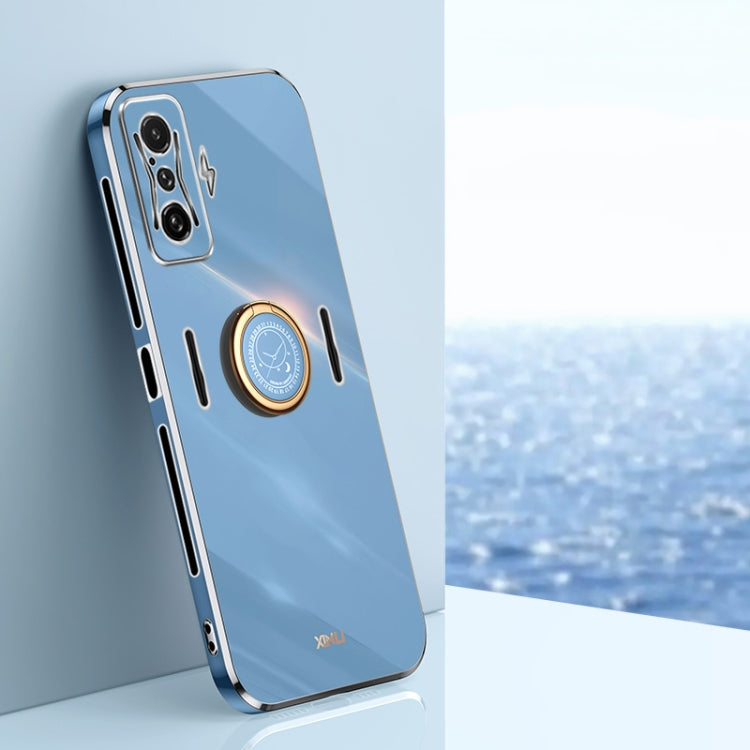 Light blue TPU phone case with ring holder, electroplated gold-tone straight edges