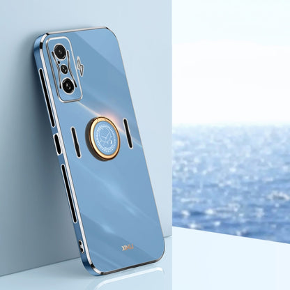 Light blue TPU phone case with ring holder, electroplated gold-tone straight edges