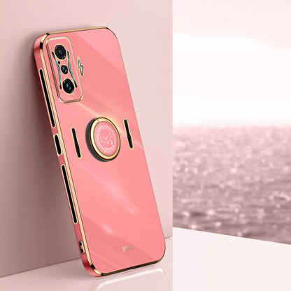 Rose pink TPU phone case with ring holder, electroplated gold-tone straight edges
