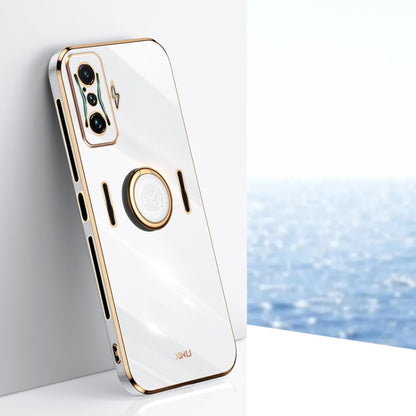 White TPU phone case with ring holder, electroplated gold-tone straight edges