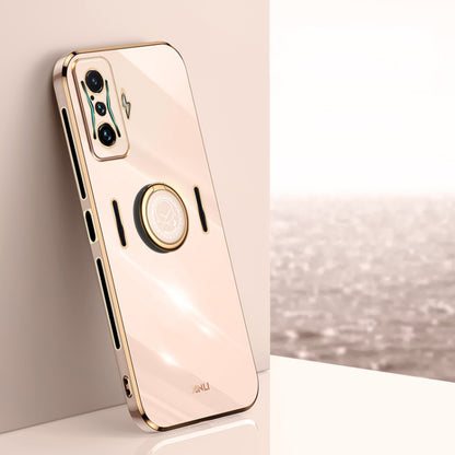 Cream TPU phone case with ring holder, electroplated gold-tone straight edges