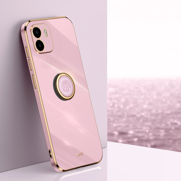 Light pink TPU phone case with ring holder, electroplated gold-tone straight edges