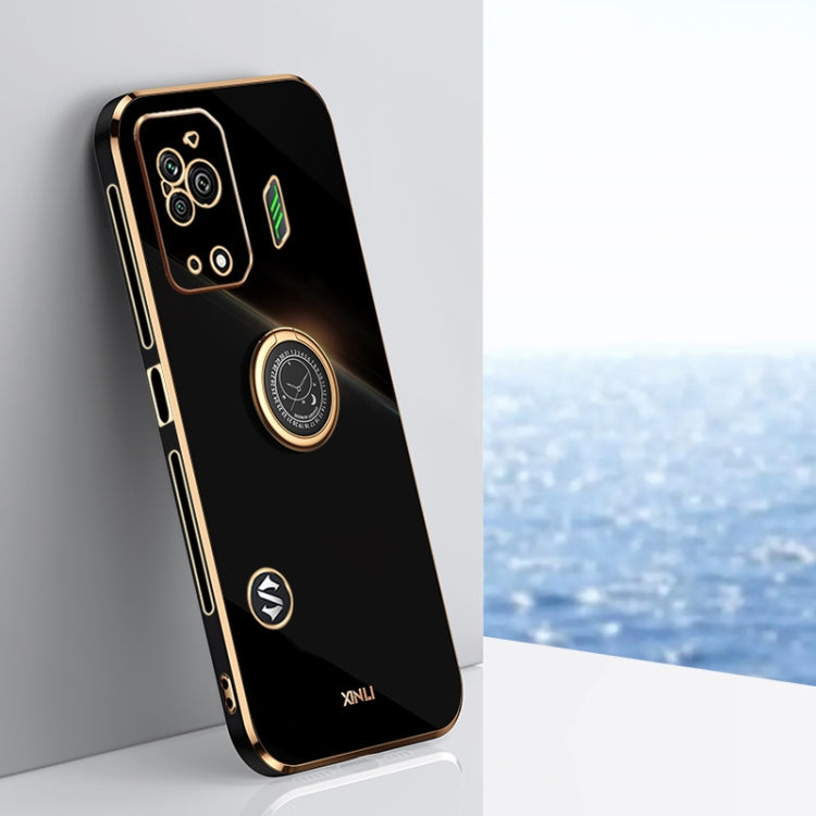 Black TPU phone case with electroplated edges and circular ring holder on the back