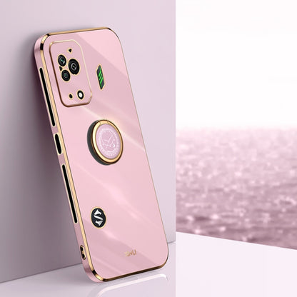 Light pink TPU phone case with electroplated frame and circular ring holder on the back