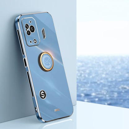 Light blue TPU phone case with electroplated edges and ring holder circle on the back