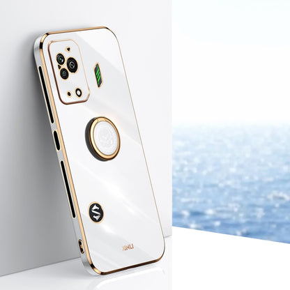 White electroplate TPU phone case with ring holder and camera cutouts