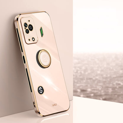 Pink electroplate TPU phone case with ring holder and camera cutouts