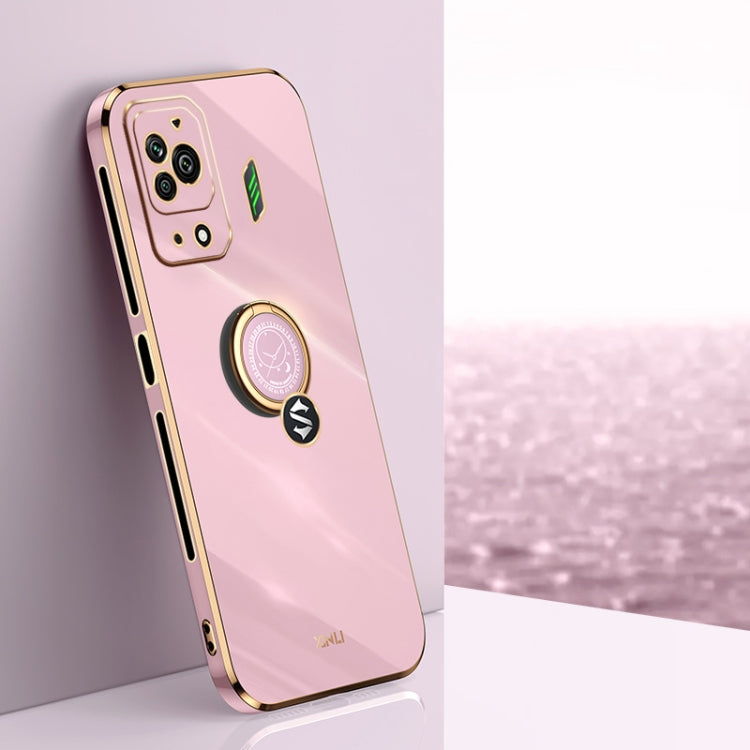 Light pink electroplate TPU phone case with ring holder and camera cutouts