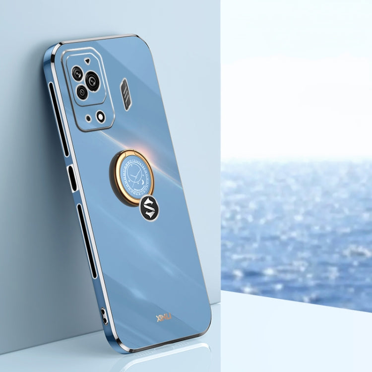 Light blue electroplate TPU phone case with ring holder and camera cutouts