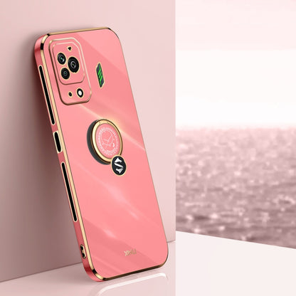 Coral pink electroplate TPU phone case with ring holder and camera cutouts