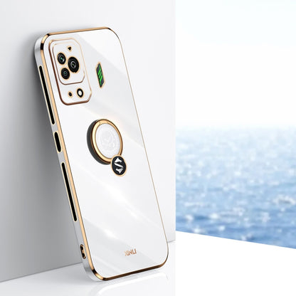 White electroplate TPU phone case with ring holder and camera cutouts