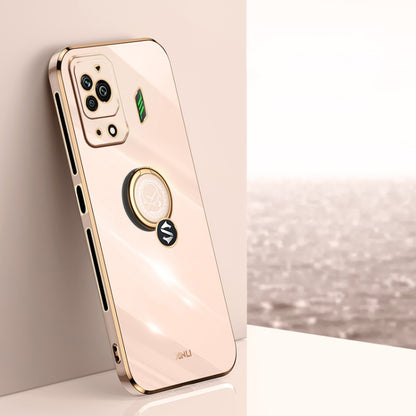 Cream pink electroplate TPU phone case with ring holder and camera cutouts