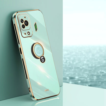 Teal blue electroplate TPU phone case with ring holder and camera cutouts