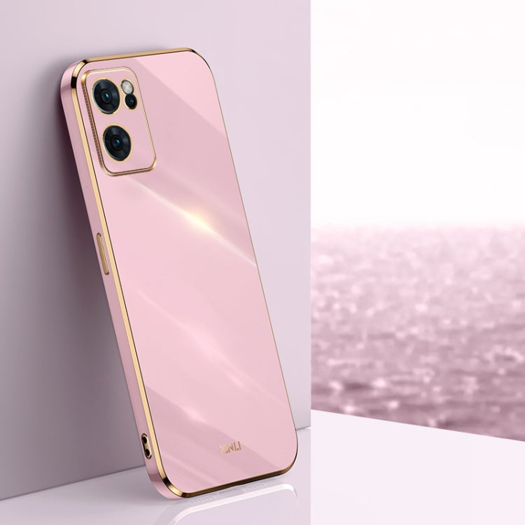 Pink electroplate TPU phone case with gold straight edges and dual camera cutouts