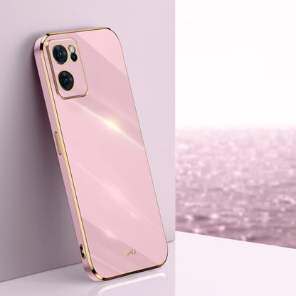 Pink electroplate TPU phone case with gold straight edges and dual camera cutouts