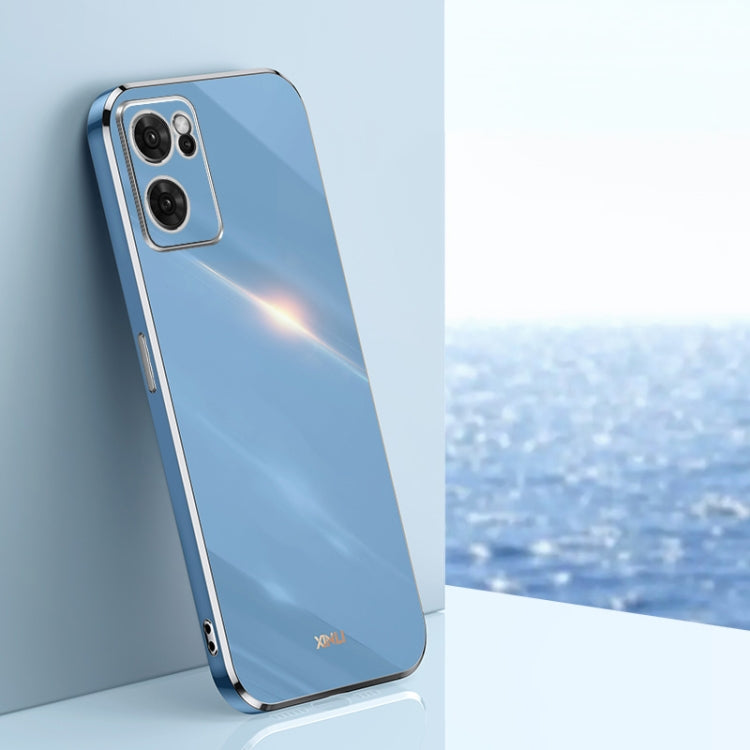 Celestial blue electroplate TPU phone case with gold straight edges and camera cutouts