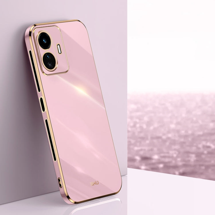 Electroplate TPU phone case with raised camera guard, soft pink color, straight edges