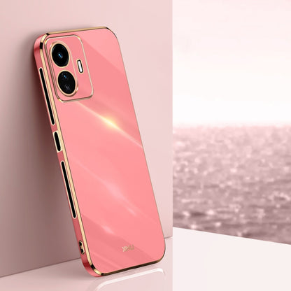 Pink TPU phone case with gold edge and raised dual-camera bezel, slim fit