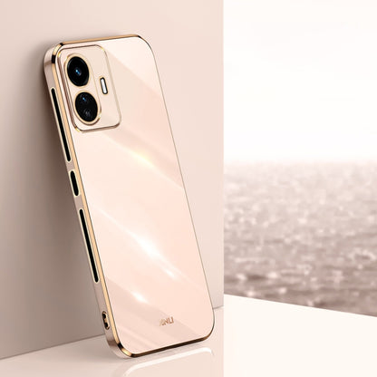 Peach TPU phone case with gold edge, raised camera bezel, slim profile