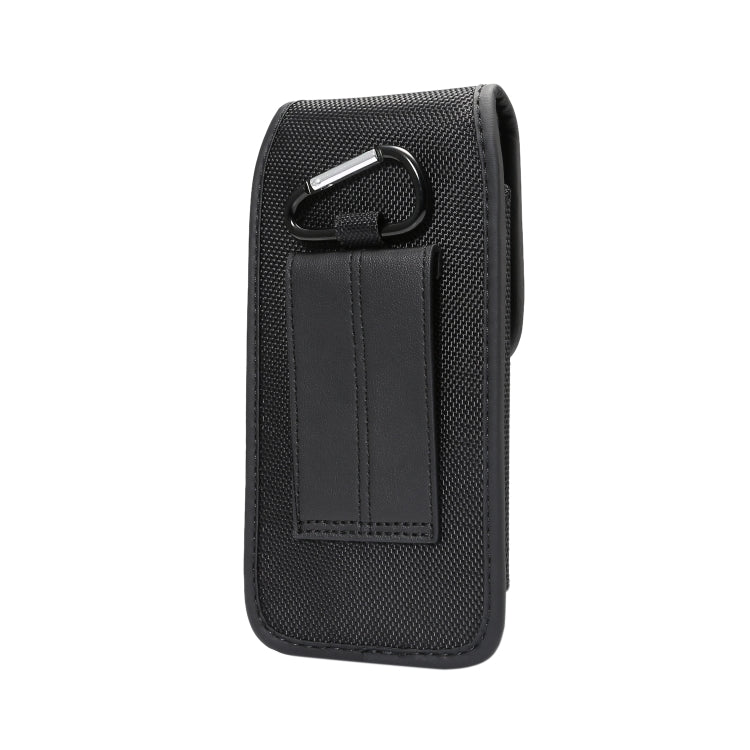 Black phone waist bag front view with carabiner-style clip and card slot pocket
